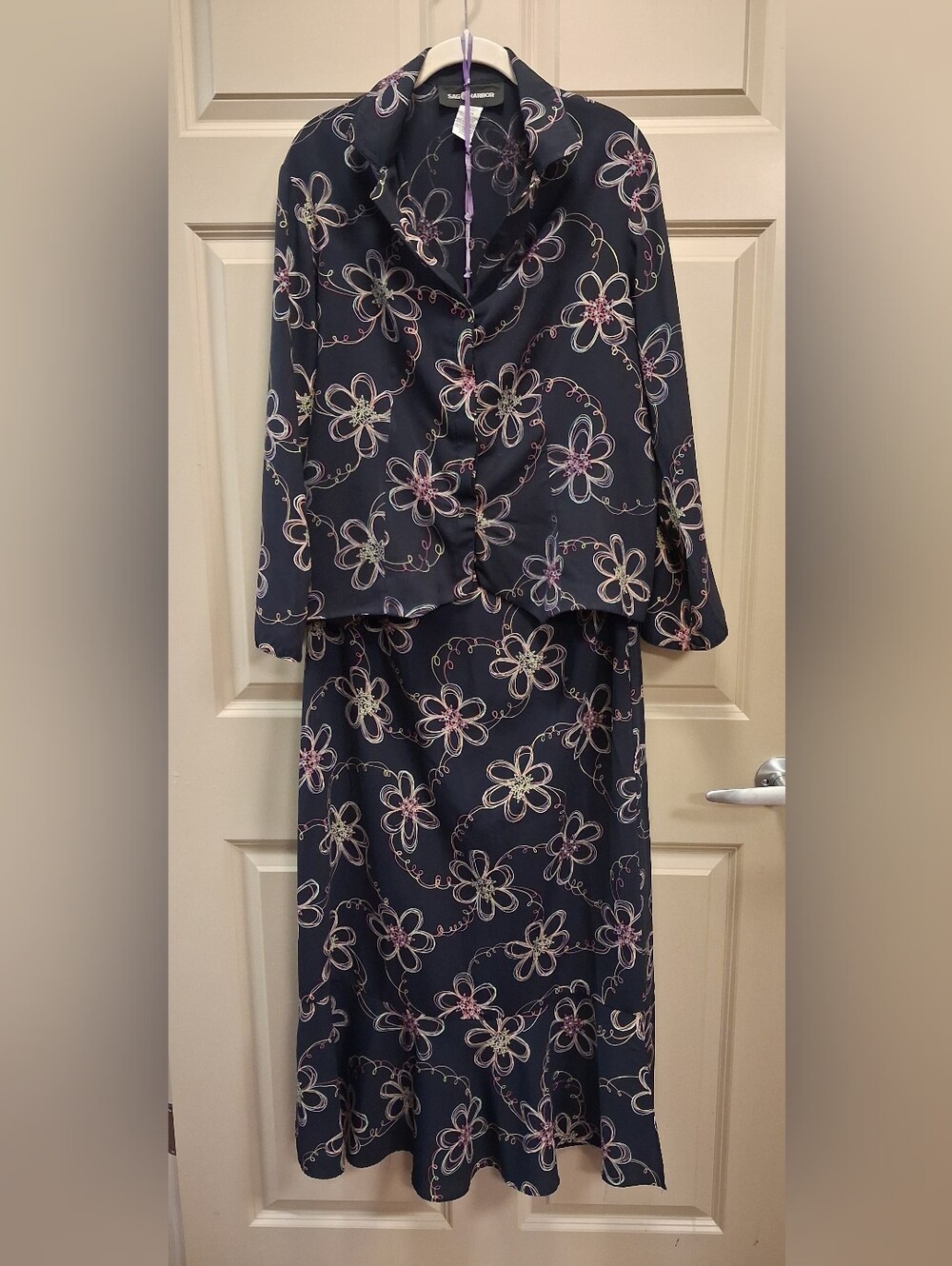 Sag Harbor Navy Floral 2 Pc Long-Sleeve Blouse/Skirt Set Size Size 14